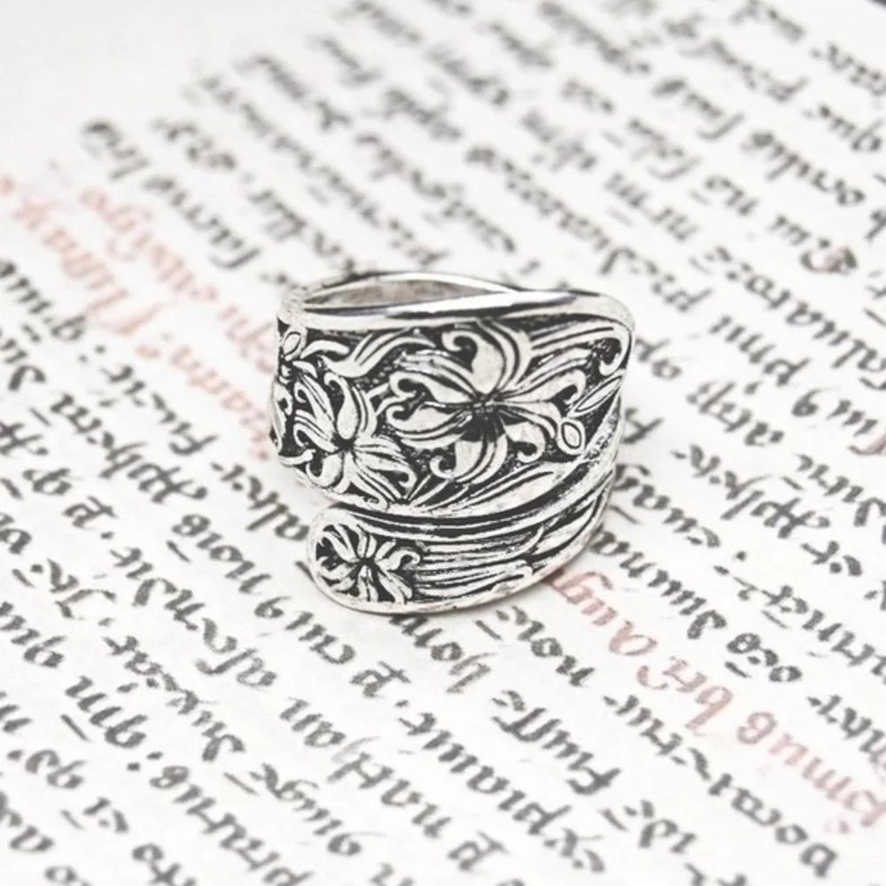 Silver Spoon Ring with Flower Design